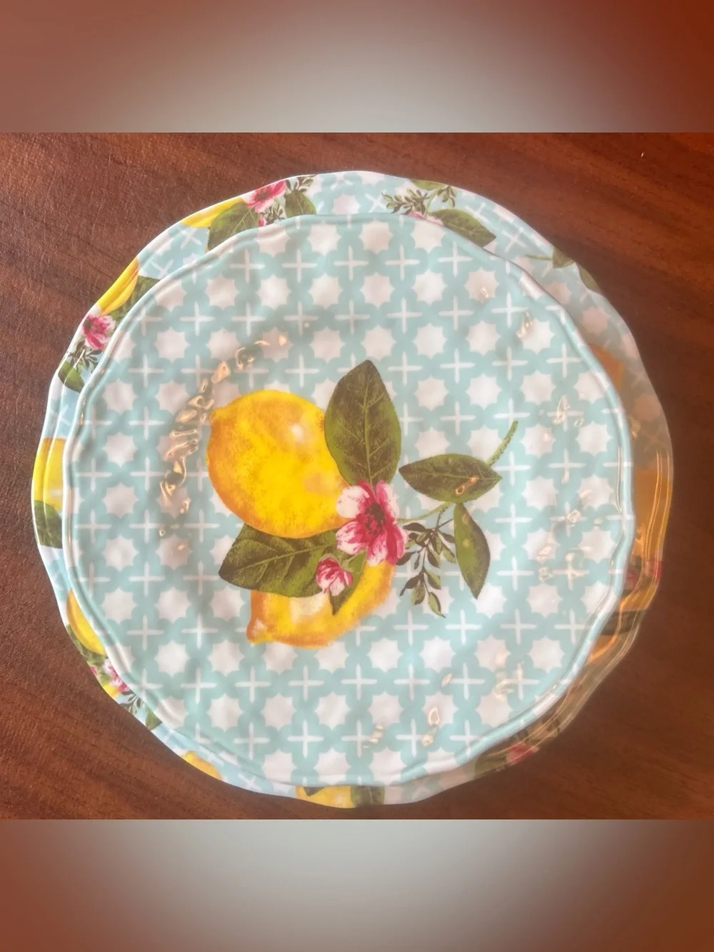 Shabby Chic Melamine Lemon Floral Plate Set of 8 Dinner & Salad Yellow Grn Blue